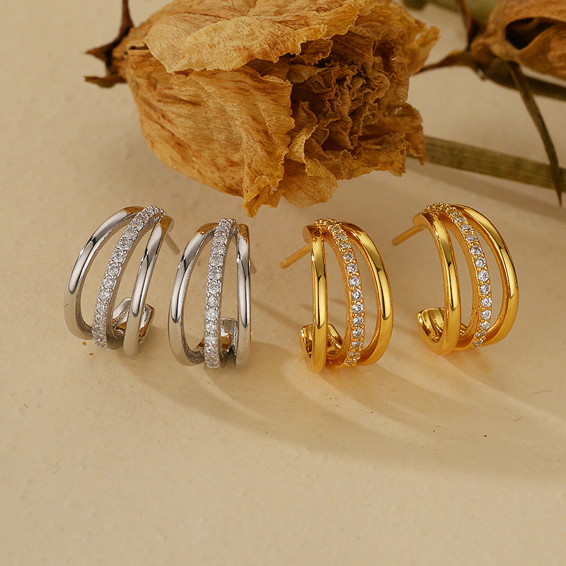 925 Silver C-shaped Three-layer Wave Single Row Diamond Geometric Earrings