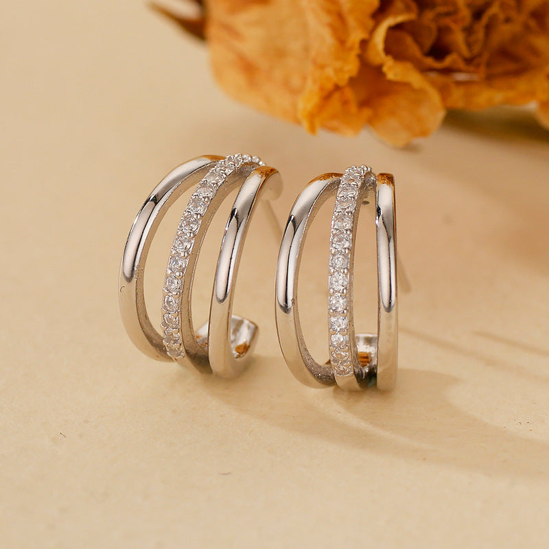 925 Silver C-shaped Three-layer Wave Single Row Diamond Geometric Earrings