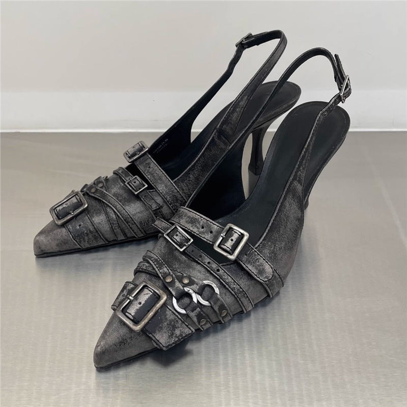 Womens Retro Pointed-Toe Ankle-Strap High Heel Sandals