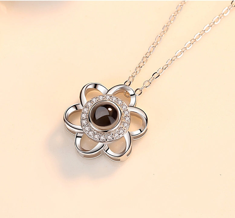 925 Sterling Silver Love Necklace, Memory In  Languages, Cherry Blossom Pendant Necklace