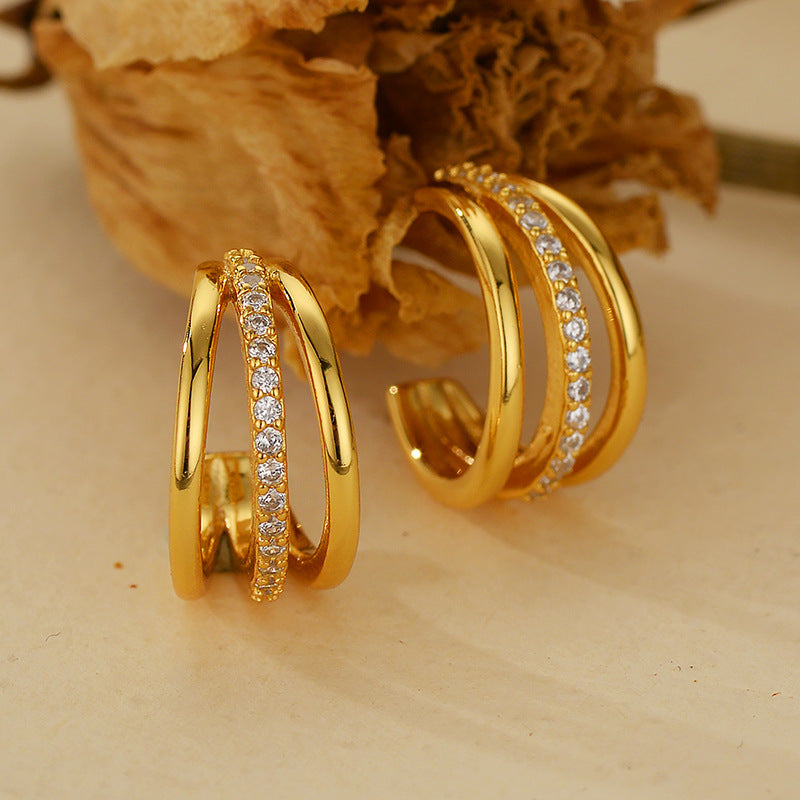 925 Silver C-shaped Three-layer Wave Single Row Diamond Geometric Earrings