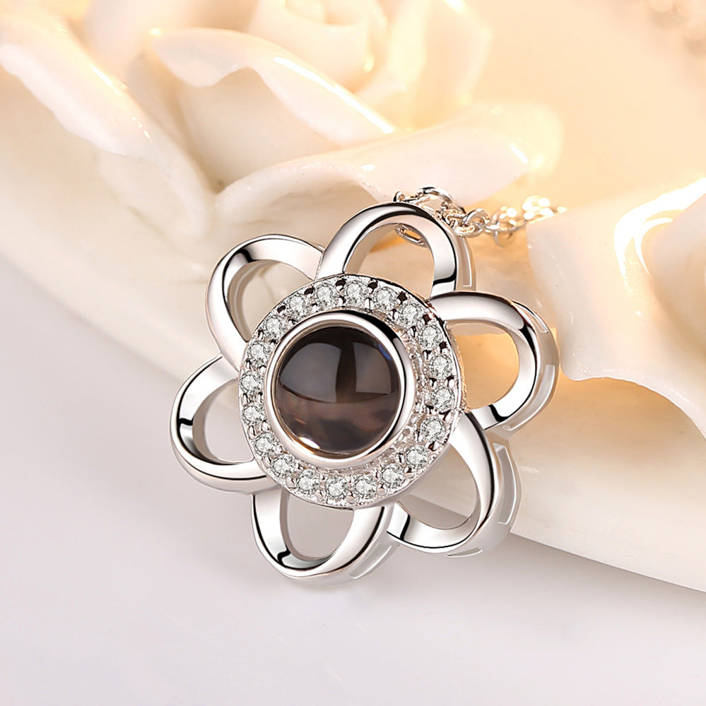 925 Sterling Silver Love Necklace, Memory In  Languages, Cherry Blossom Pendant Necklace