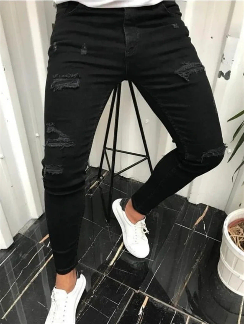 Tight Ripped Trendy Skinny Solid Color Simple Denim Trousers