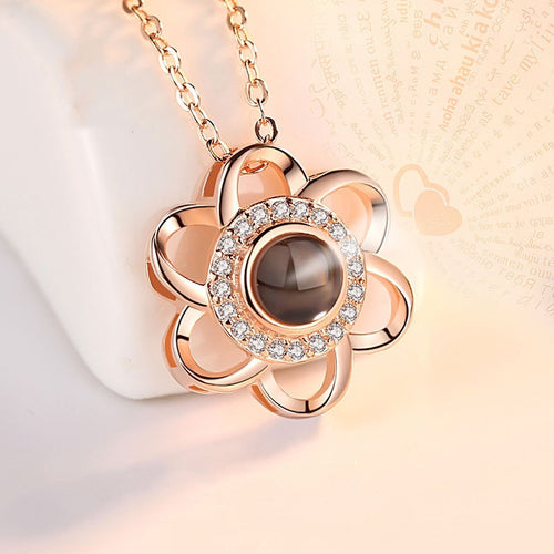 925 Sterling Silver Love Necklace, Memory In  Languages, Cherry Blossom Pendant Necklace