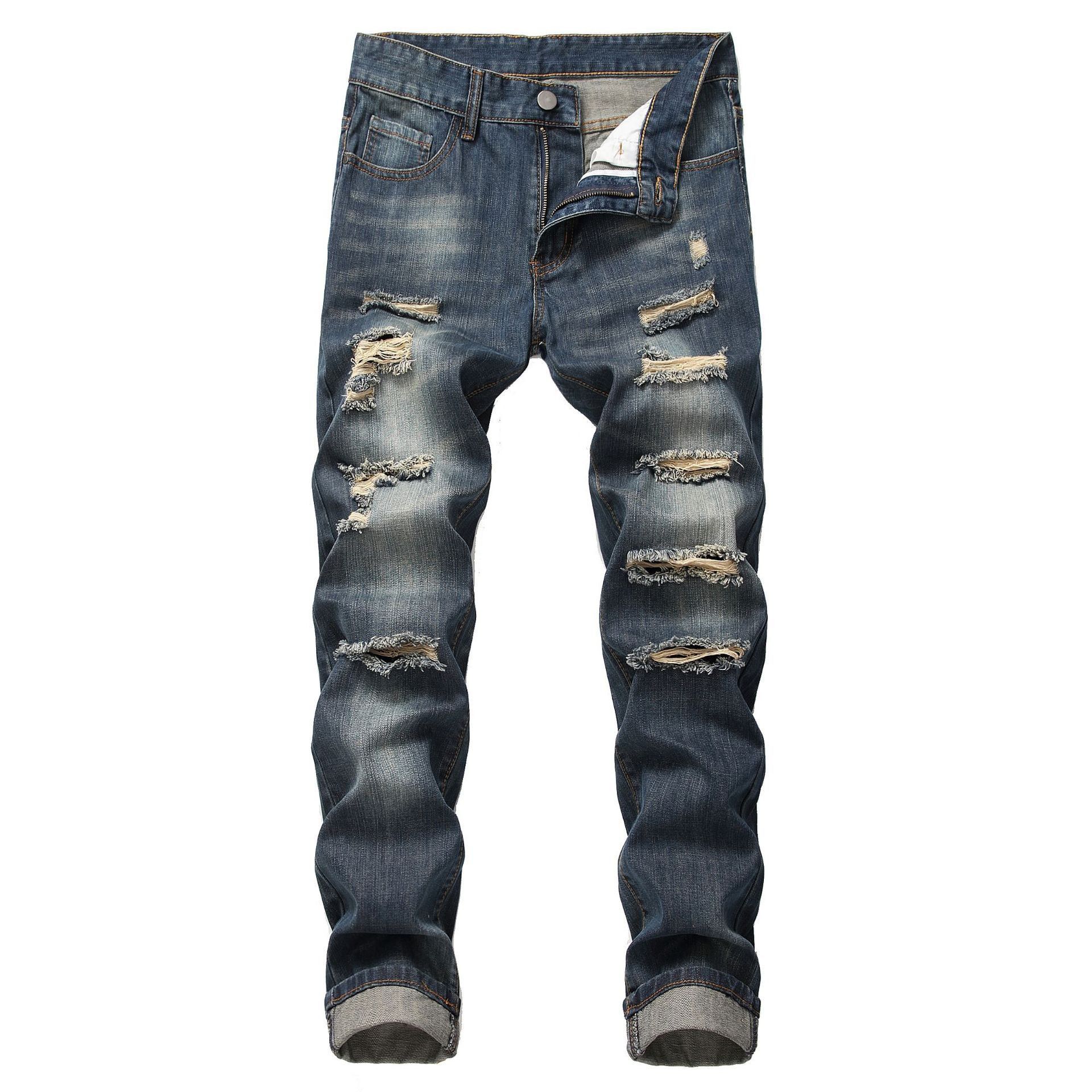 Men's Ripped Straight Slim Fit Non-stretch Jeans